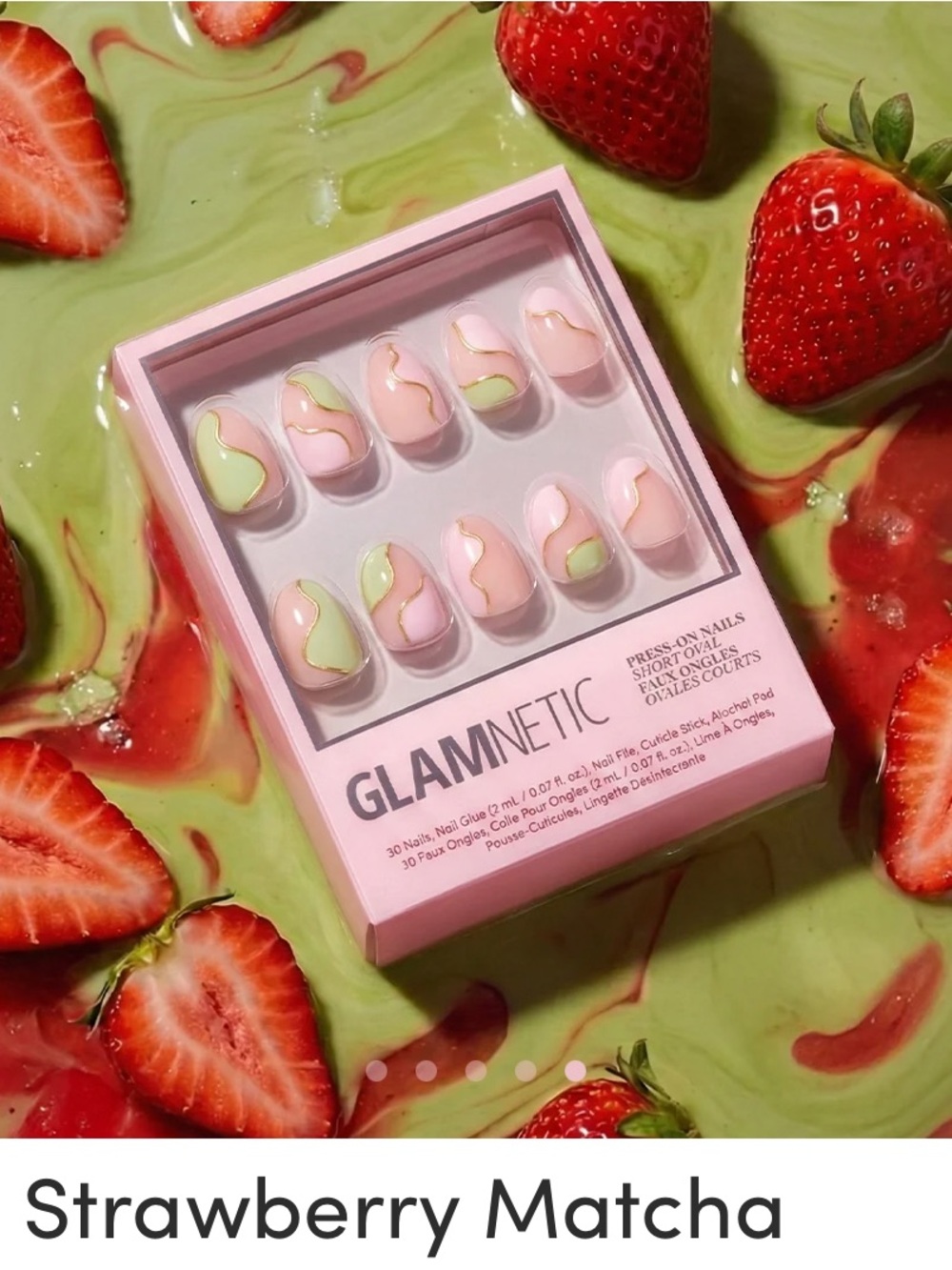Glamnetic Strawberry Matcha Press-On Nails — Pink & Green Oval Set
